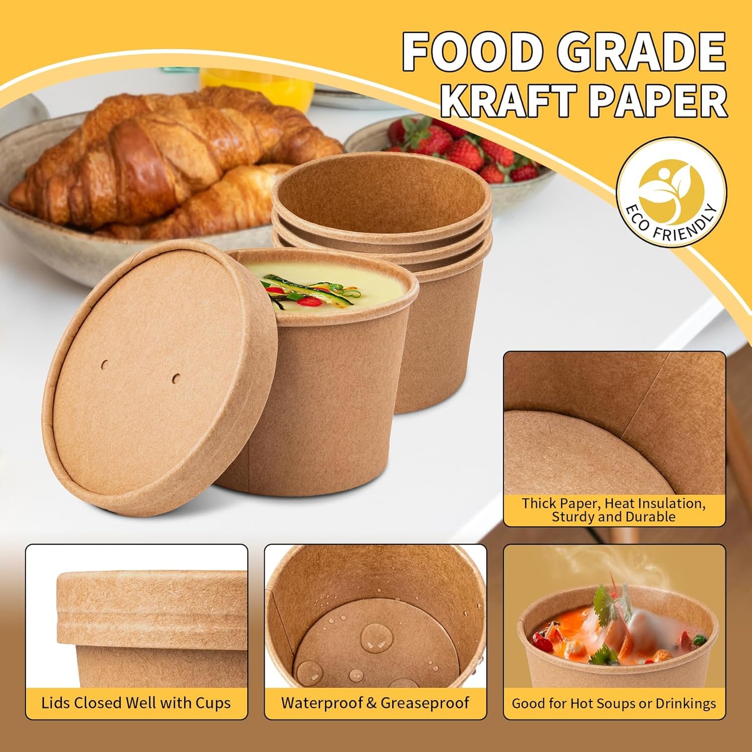 KRAFT Containers For Soup (500 pcs) Without Lids (Lids Sold Separately) All Sizes Available - Image 3