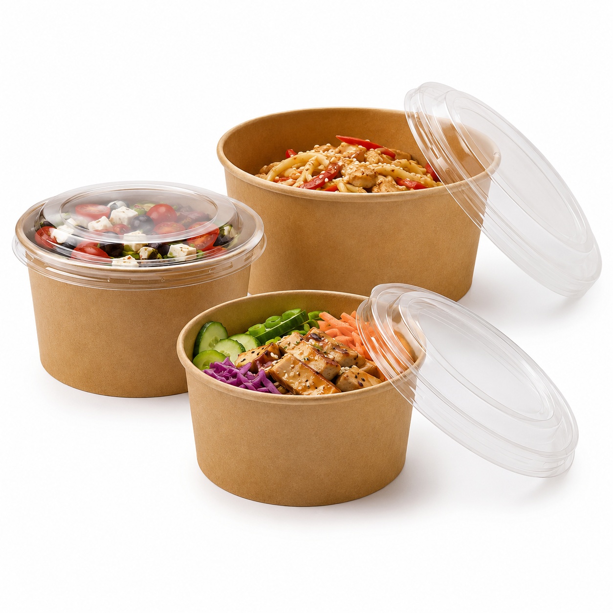 Kraft Deli Boxes with Lids (300 pcs) - Round (3-Sizes Available) - For Serving Pasta, Noodles, Rice & other Items