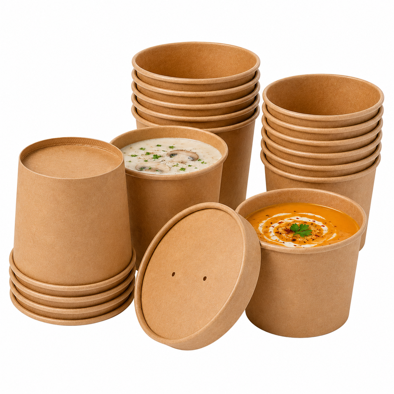 KRAFT Containers For Soup (500 pcs) Without Lids (Lids Sold Separately) All Sizes Available