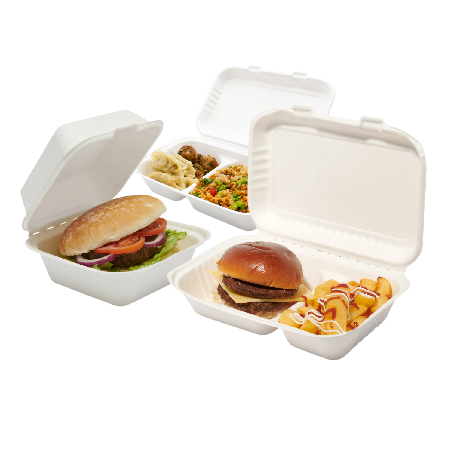 Burger Boxes - Bagasse Clamshell Containers With Closing Tabs - Disposable & Eco-Friendly for Takeaway (Pack of 200) Different Sizes/Colours Available