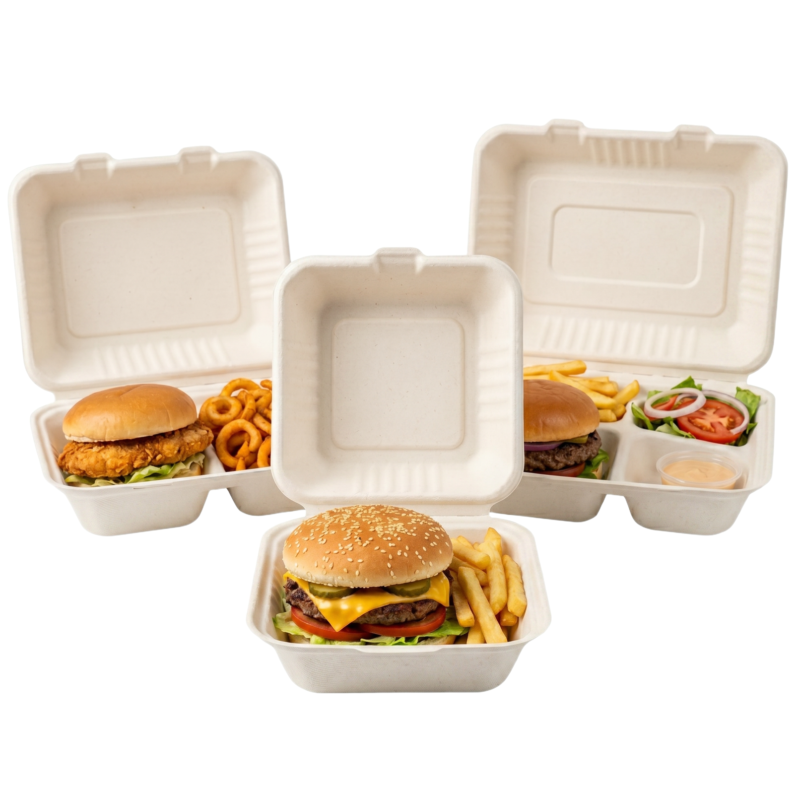 Burger Boxes - Bagasse Clamshell Containers - Eco-Friendly for Takeaway - Different Sizes Available