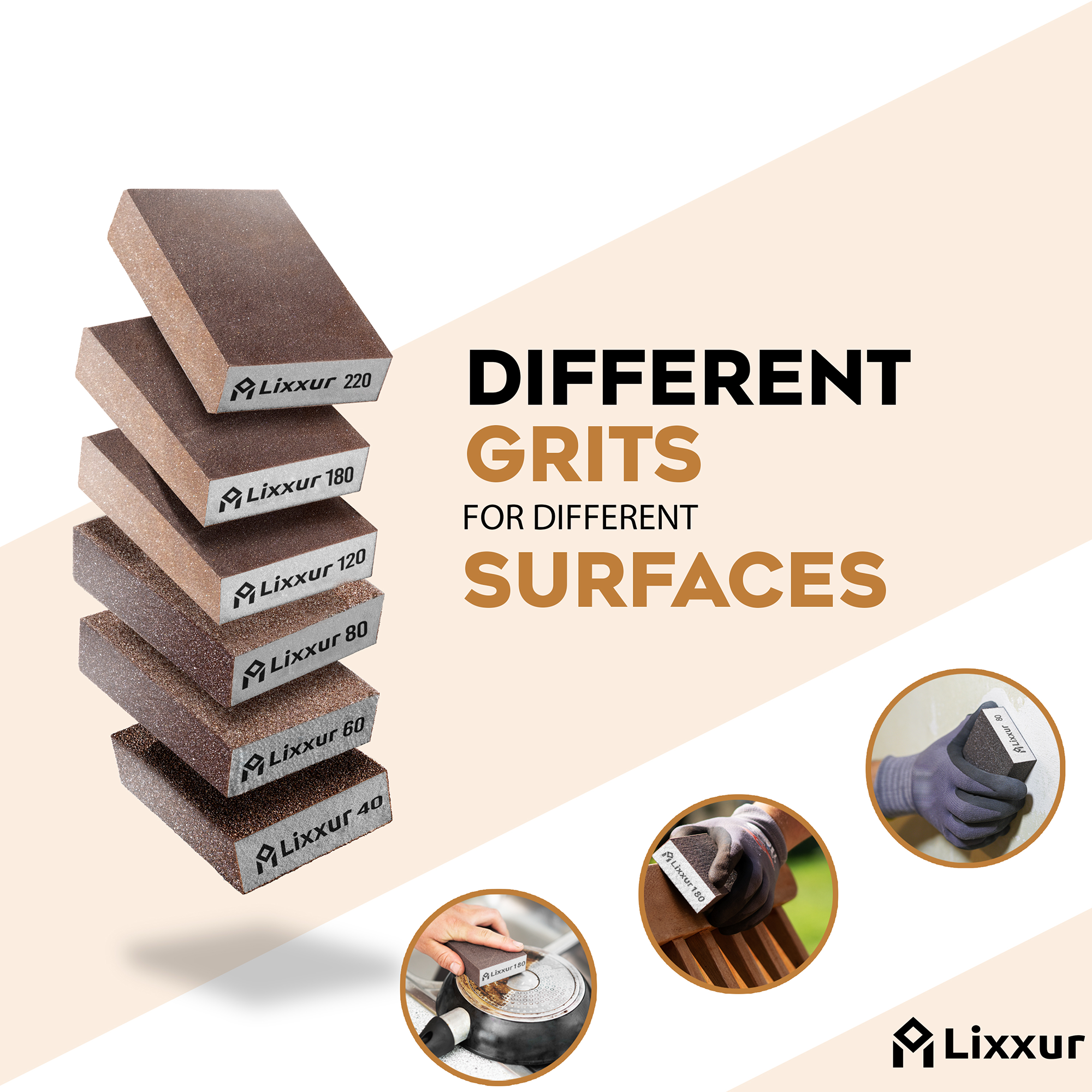 Sanding Block - Reusable Sanding Sponges for Wet & Dry Use Sandpaper for Wood with 6 Grits(60/80/100/120/180/220) Washable Coarse & Fine Sand Paper Pack for Wood, Walls, Cars & Metal - LIXXUR - Image 3